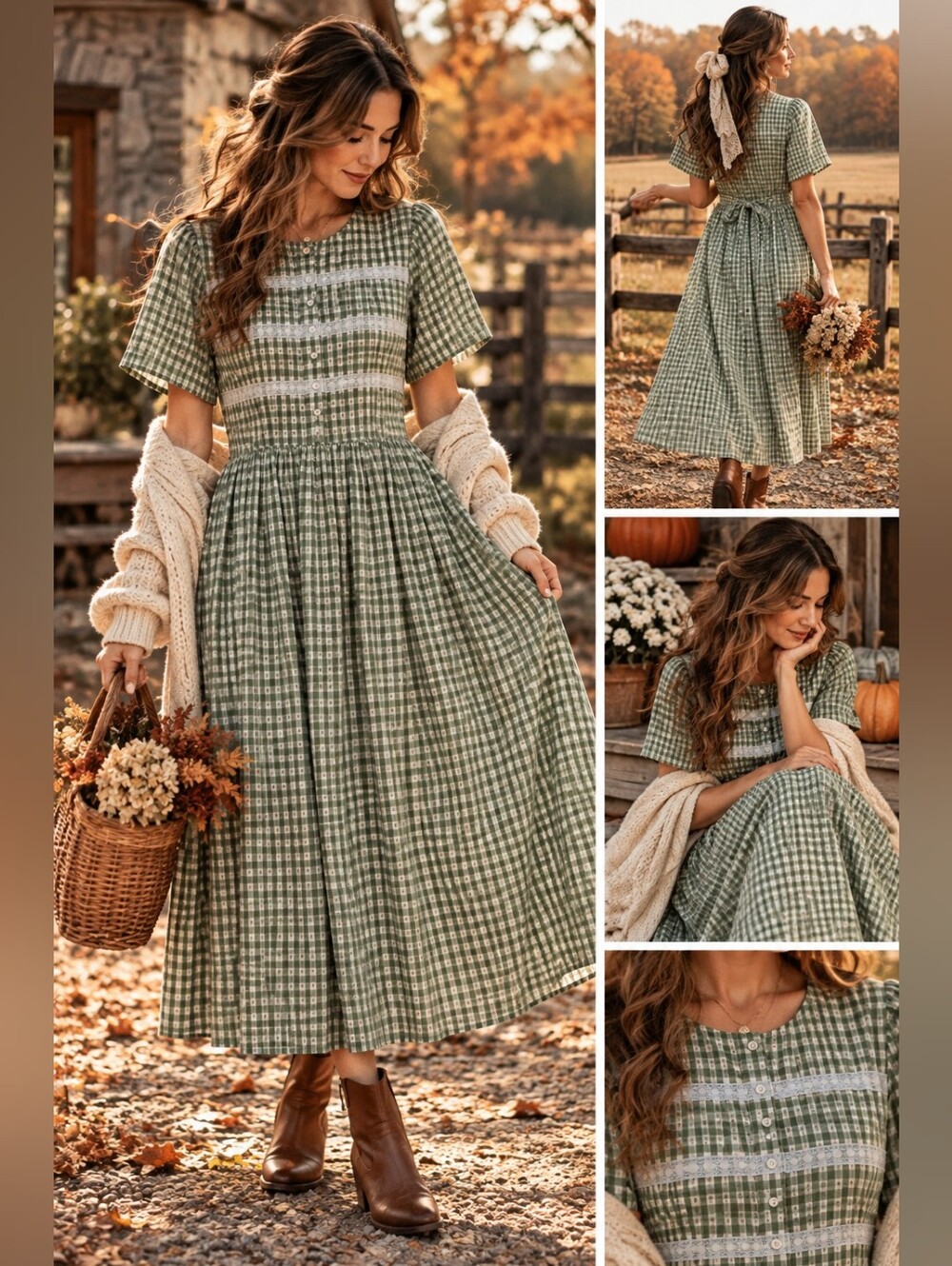Vintage Plaza South‎ Green Gingham Midi Dress Size 12 Grannycore Cottagecore